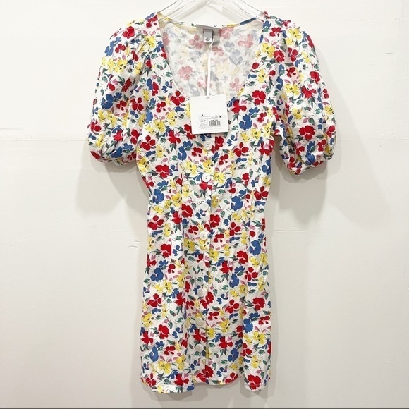 Rixo Target Puff Sleeve Linen Multicolor Floral Button Front Mini Dress Size 2 - Picture 1 of 10